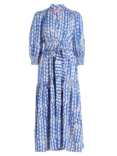 Elisamama Women's Yosola Tie-waist Geometric Print A-line Midi-dress In Blue