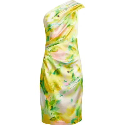 Eliza J Abstract Floral One-shoulder Satin Cocktail Sheath Dress In Green