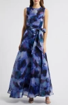Eliza J Abstract Print Sleeveless A-line Gown In Black Multi