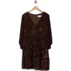 Eliza J Balloon Sleeve Tiered Sequin Trapeze Dress In Brown