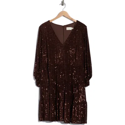 Eliza J Balloon Sleeve Tiered Sequin Trapeze Dress In Brown