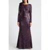 Eliza J Bateau Neck Long Sleeve Sequin Mermaid Gown