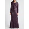 Eliza J Bateau Neck Long Sleeve Sequin Mermaid Gown In Plum