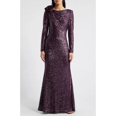 Eliza J Bateau Neck Long Sleeve Sequin Mermaid Gown In Plum