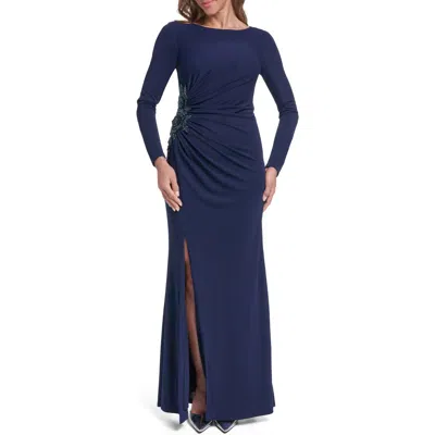 Eliza J Beaded Detail Side Ruched Long Sleeve Gown In Blue