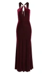 Eliza J Bow Halter Neck Velvet Gown In Burgundy