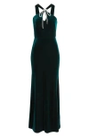 Eliza J Bow Halter Neck Velvet Gown In Green