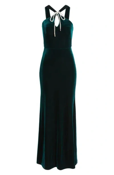 Eliza J Bow Halter Neck Velvet Gown In Green