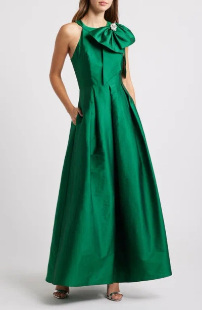 Eliza J Women's Bow-trim Halter Pleated Taffeta Gown In Emerald