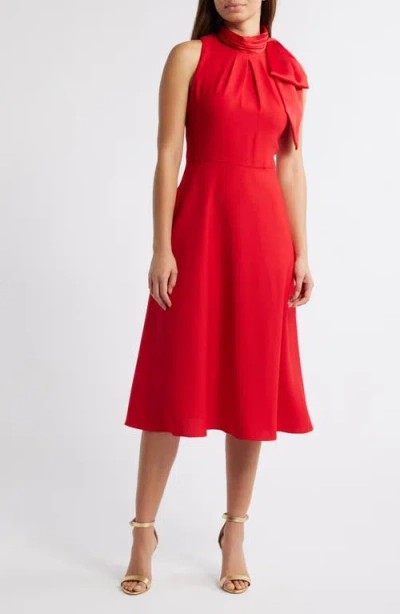 Eliza J Bow Mock Neck Fit & Flare Midi Dress In Red