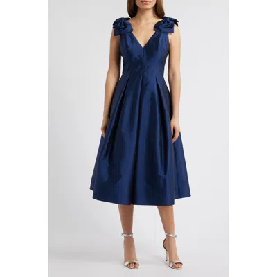 Eliza J Bow Shoulder Taffeta Cocktail Midi Dress In Navy