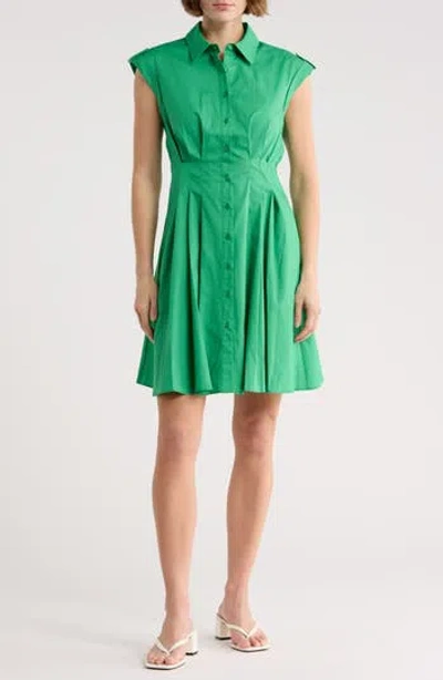 Eliza J Cap Sleeve Cotton Fit & Flare Shirtdress In Green