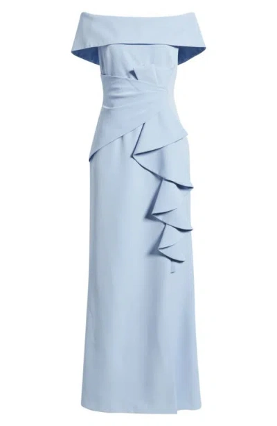 Eliza J Cascade Ruffle Off The Shoulder Gown In Blue