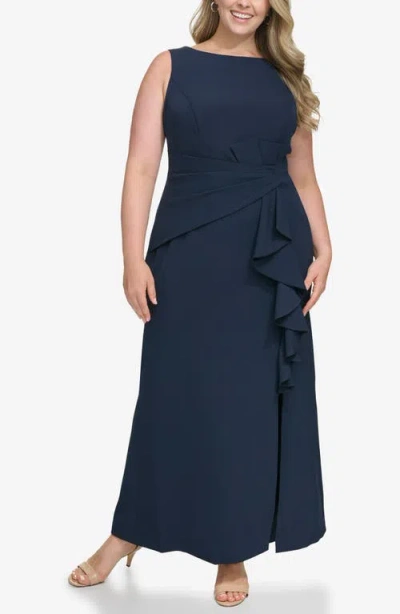 Eliza J Cascade Ruffle Sleeveless Gown In Blue