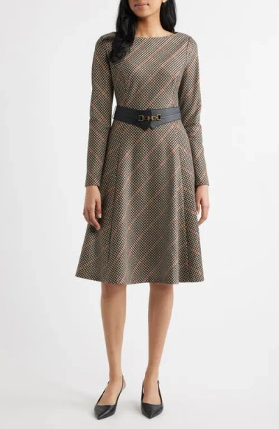 Eliza J Check Bias Cut Long Sleeve Fit & Flare Dress In Brown