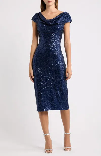 Eliza J Cowl Neck Sequin Midi Dress In Blue