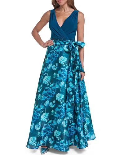 Eliza J Crossover Neck Tie Waist Mixed Media Gown In Blue