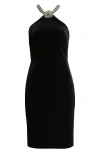Eliza J Crystal Flower Halter Neck Velvet Cocktail Dress In Black