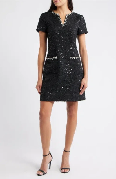 Eliza J Crystal Trim Sequin Cocktail Dress In Black