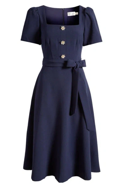 Eliza J Daisy Button Detail Square Neck Dress In Navy