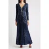 Eliza J Embellished Long Sleeve Mermaid Gown In Blue