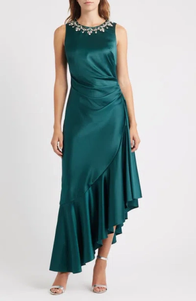Eliza J Embellished Neck Sleeveless Stretch Satin Cocktail Dress In Green