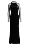 Eliza J Embellished Ruched Long Sleeve Velvet Gown In Black