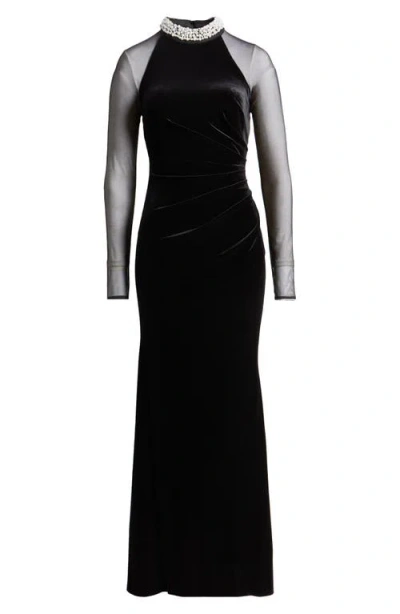 Eliza J Embellished Ruched Long Sleeve Velvet Gown In Black