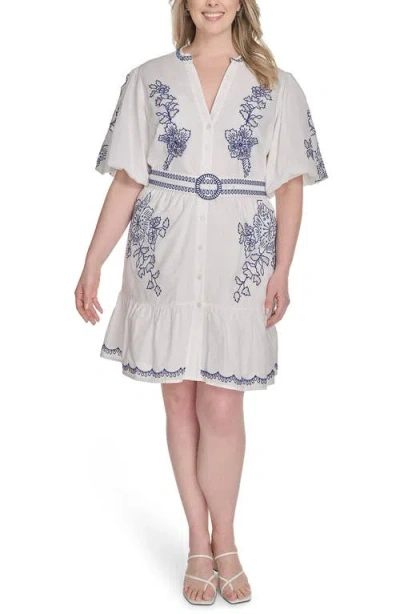 Eliza J Embroidered Detail Short Sleeve Cotton Shirtdress In White