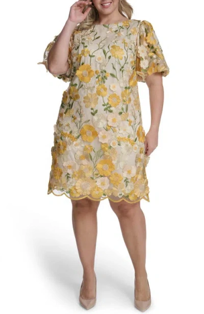 Eliza J Embroidered Floral Appliqué Cocktail Dress In Yellow
