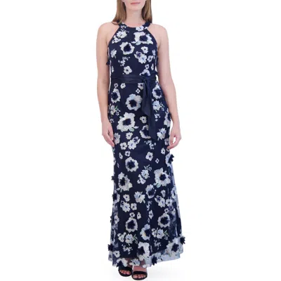 Eliza J Embroidered Floral Appliqué Halter Neck Gown In Navy