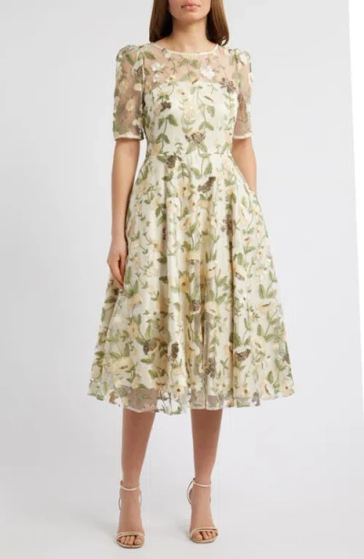 Eliza J Embroidered Floral Illusion Lace Cocktail Dress In Yellow