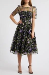 Eliza J Embroidered Illusion Neck Cocktail Midi Dress In Black Purple