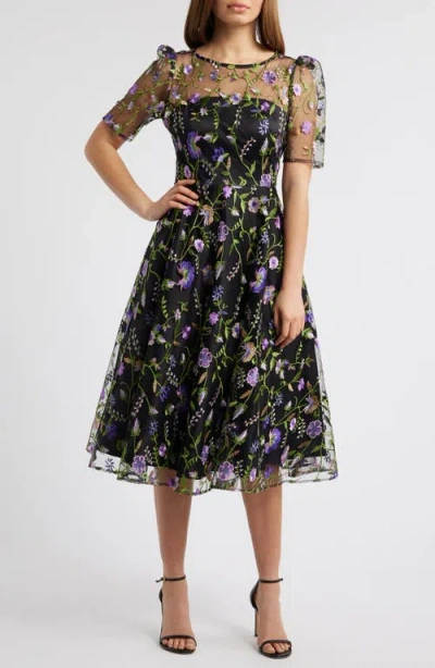 Eliza J Embroidered Illusion Neck Cocktail Midi Dress In Black Purple