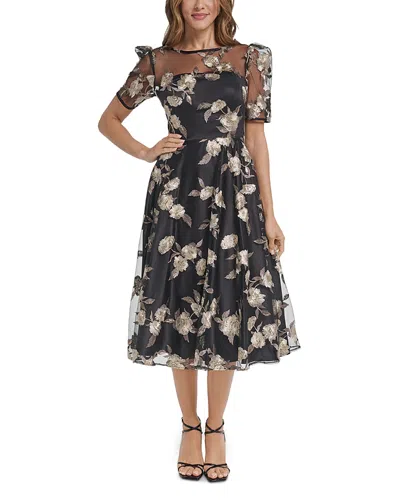 Eliza J Embroidered Illusion Yoke Elbow Sleeve Dress In Black