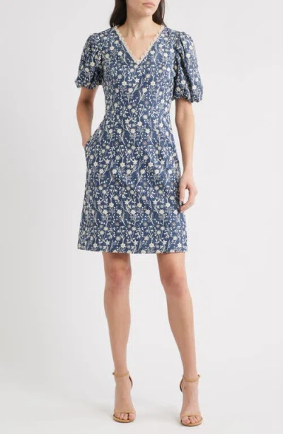 Eliza J Embroidered Puff Sleeve Dress In Blue