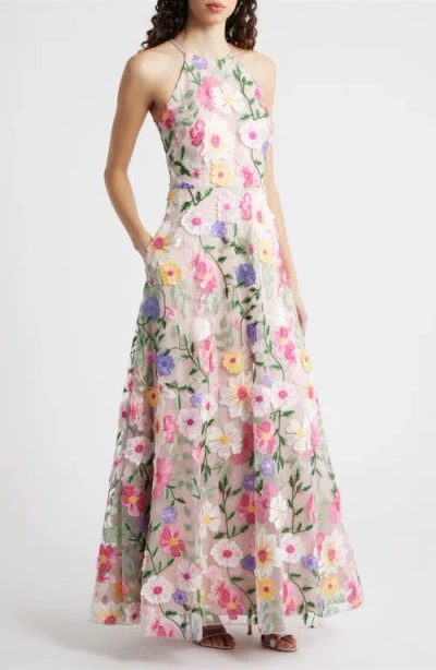 Eliza J Embroidered Sleeveless Gown In Multi