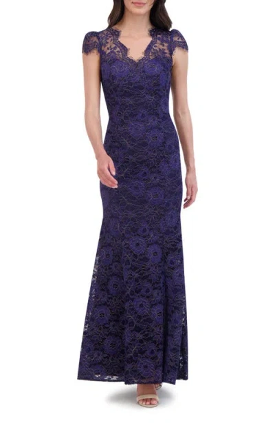 Eliza J Eyelash Lace Cap Sleeve Trumpet Gown In Navy Gold | ModeSens