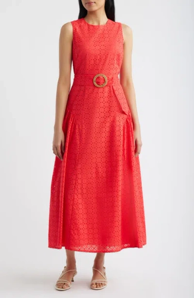 Eliza J Eyelet Belted Sleeveless Maxi Dress In Red