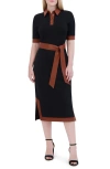 Eliza J Faux Leather Trim Tie Waist Midi Dress In Black Tan