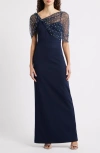 Eliza J Faux Pearl Mesh Detail Gown In Blue