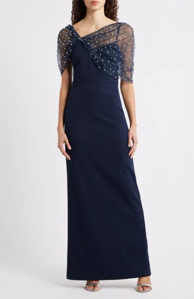 Eliza J Faux Pearl Mesh Detail Gown In Blue