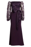 Eliza J Petite Floating Petals Embellished Off-the-shoulder Gown In Plum