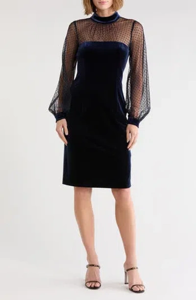 Eliza J Flocked Long Sleeve Velvet Sheath Dress In Blue