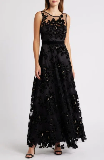 Eliza J Flocked Tulle Gown In Black