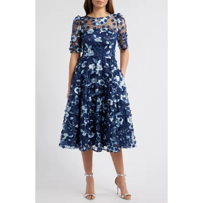 Eliza J Floral Appliqué Cocktail Midi Dress In Navy