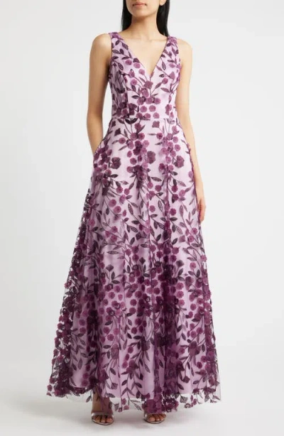 Eliza J Floral Appliqué Sleeveless Gown In Purple