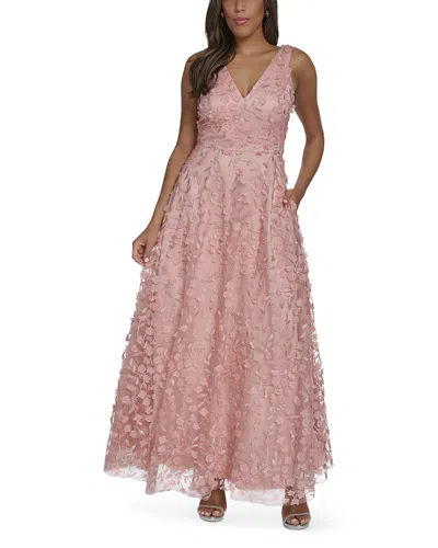 Eliza J Floral Appliqued V Neck Gown In Pink