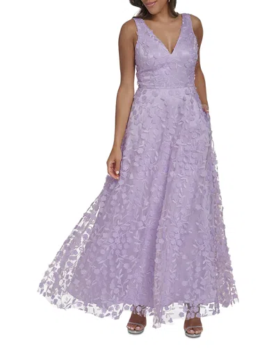 Eliza J Floral Appliqued V Neck Gown In Purple