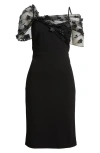 Eliza J Floral Beaded Appliqué Mesh Overlay Cocktail Dress In Black